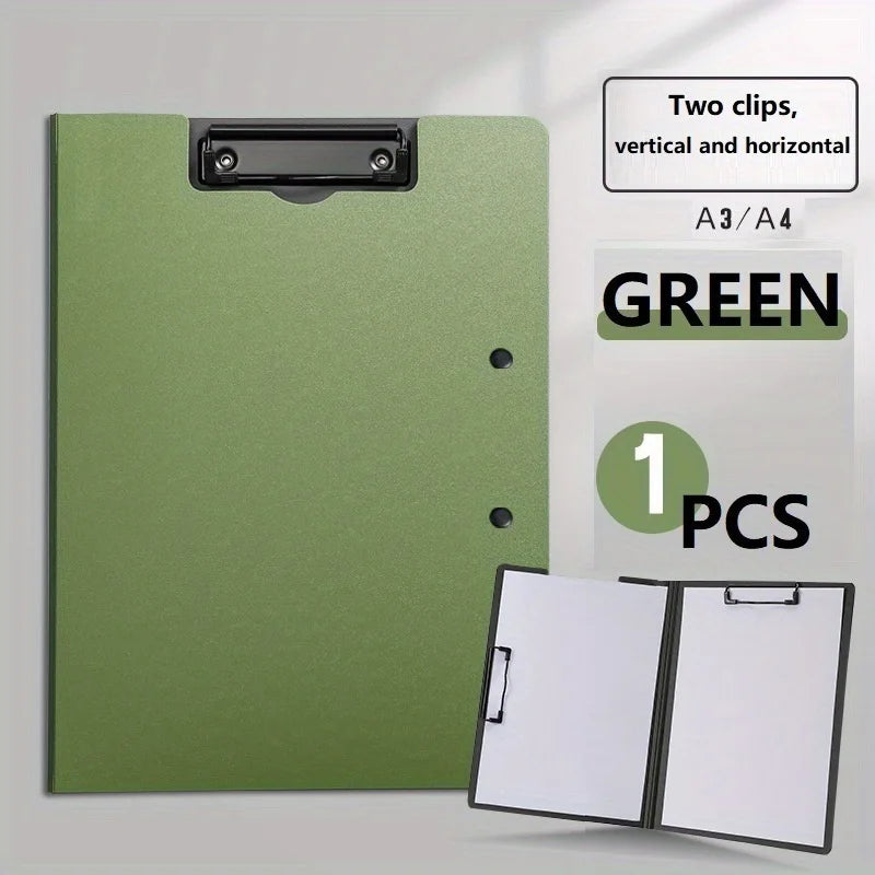 A green A3/A4 clip folder with two clips for vertical and horizontal filing.