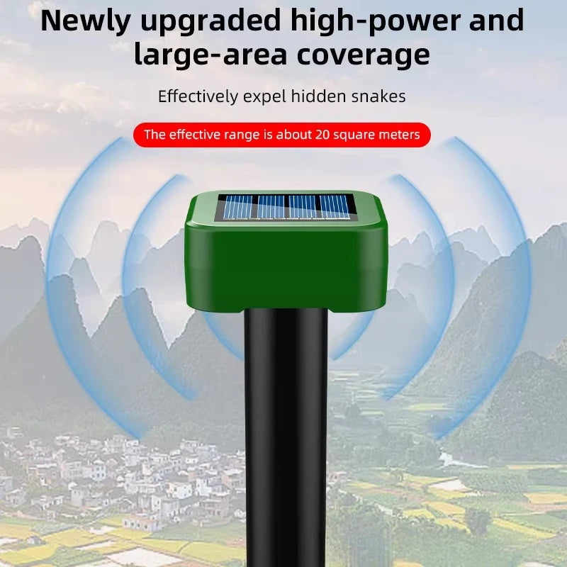 A green solar-powered ultrasonic device mounted on a pole, designed to repel hidden snakes in gardens.