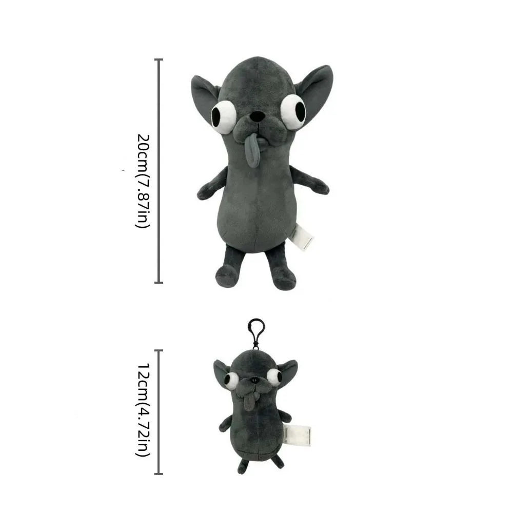 A small, dark gray plush chihuahua dog pendant with large eyes and a nose.