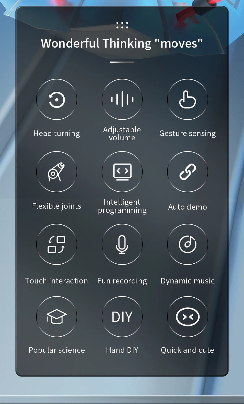 A screen displaying various functions for an interactive gesture-controlled robot toy including head turning, volume adjustme