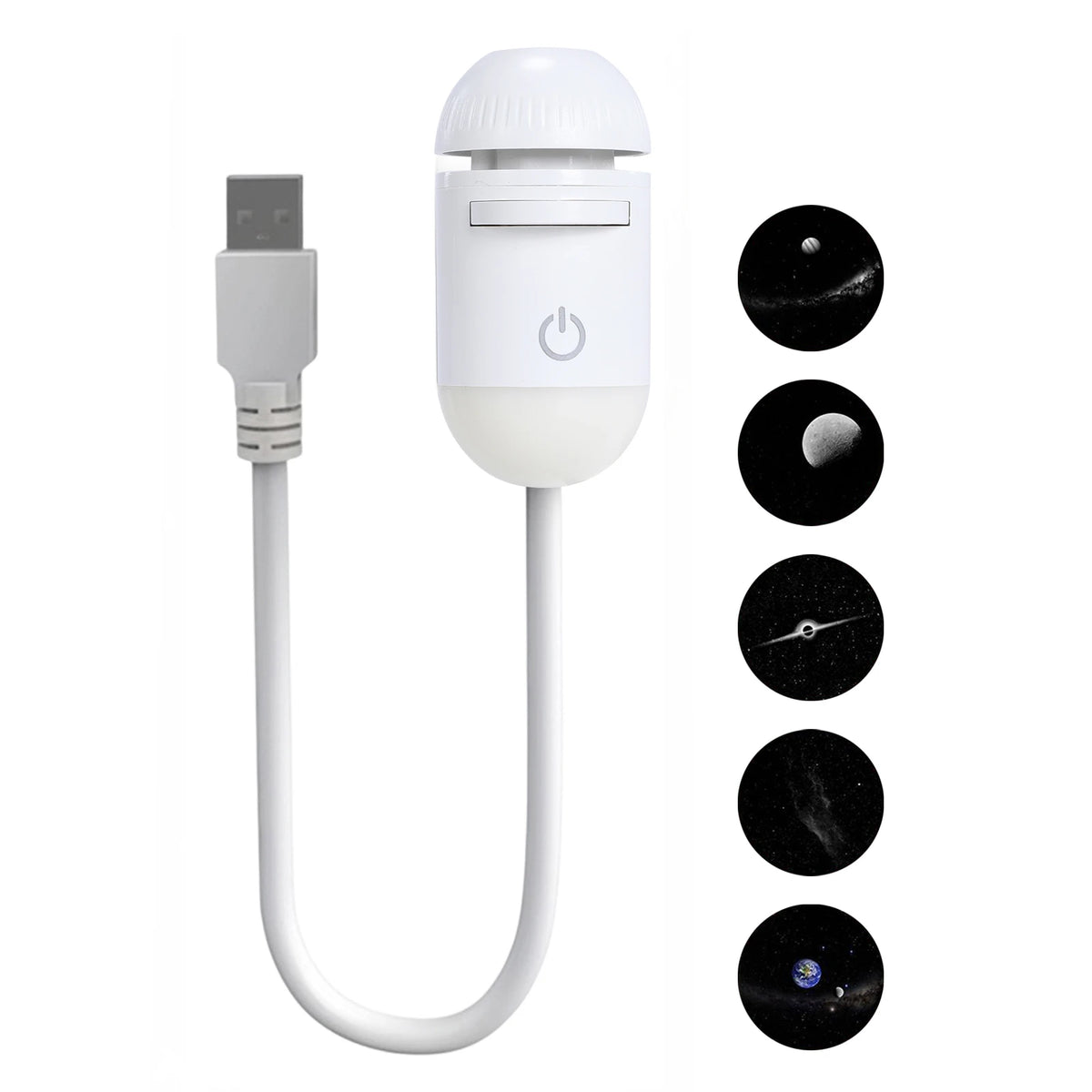 A white 2-in-1 mini projector night light with a USB connector and multiple light patterns displayed on the side.