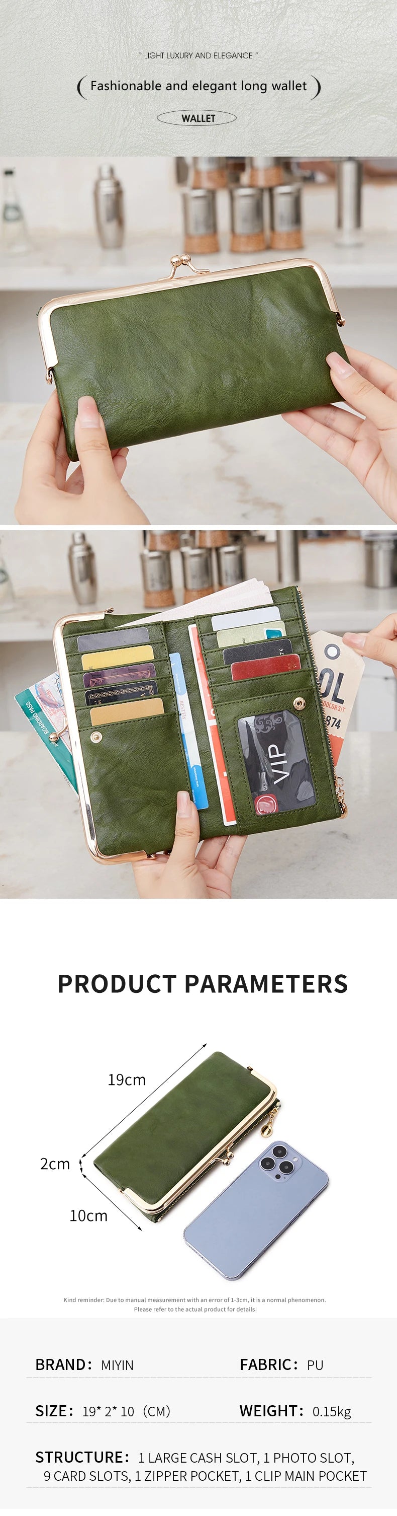 A close-up of a olive green leather long wallet with gold hardware and various card slots being held by hands.