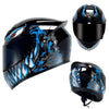 A black motorcycle helmet featuring a blue and gray graphic design with an aggressive face mask.