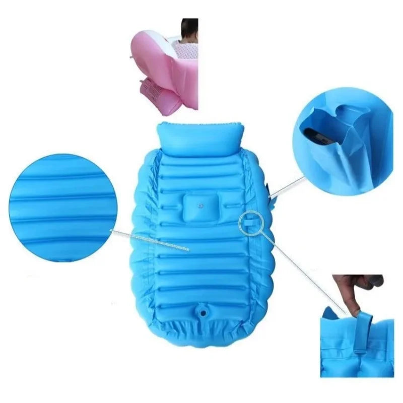 Blue portable inflatable bathtub for babies and toddlers with a hand pump shown in various forms.