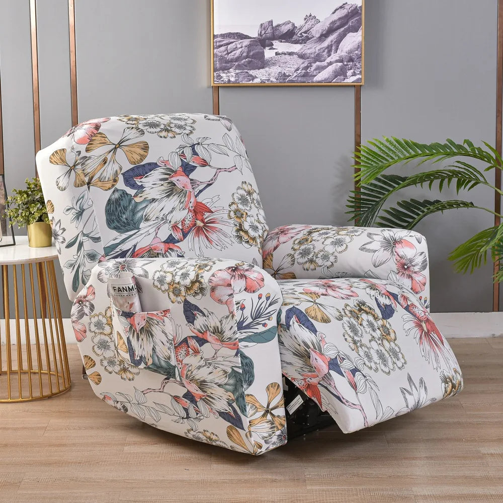 Printed Recliner Cover with Side Pocket — 4-Piece Set