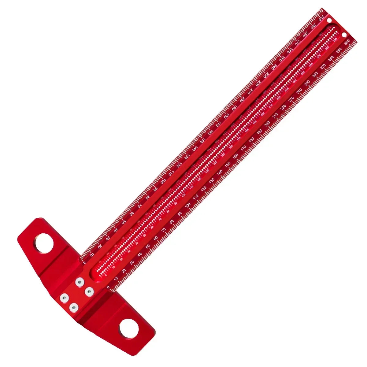 A red precision aluminum alloy T-ruler used for woodworking marking and measuring.