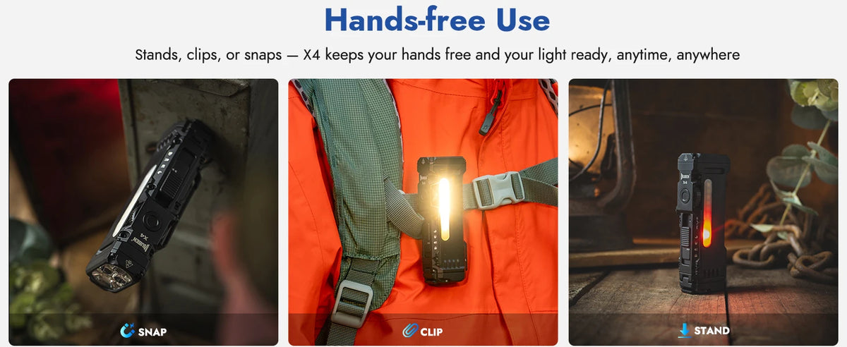 A hand is holding a compact flashlight with an illuminated side light, demonstrating hands-free use.
