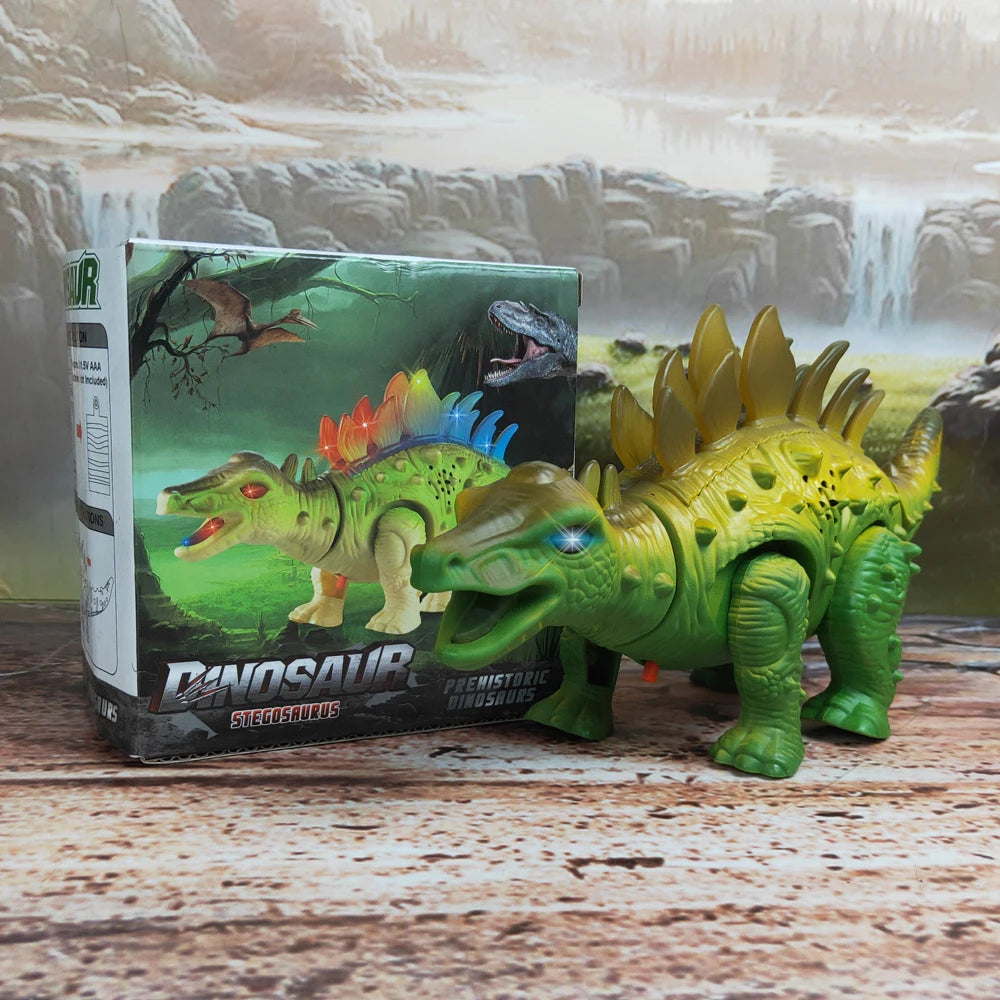 A green dinosaur toy, Stegosaurus, is displayed next to its packaging box.