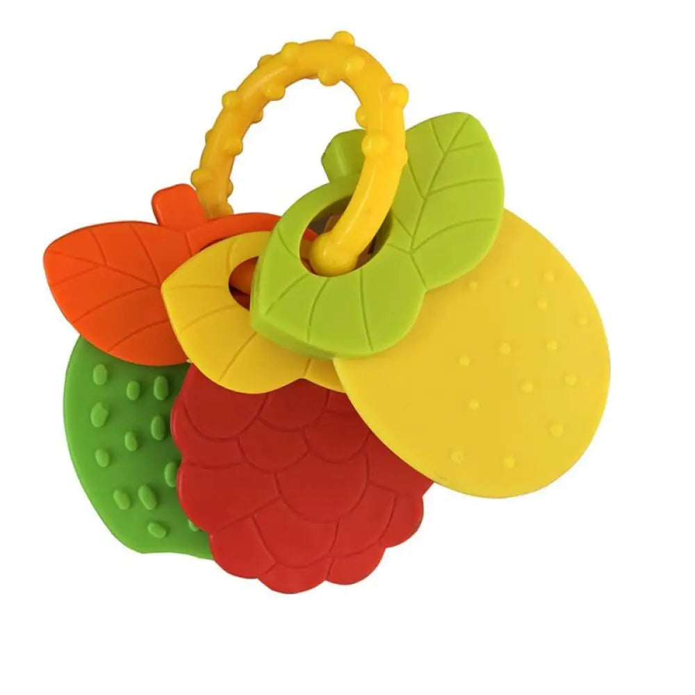 A set of silicone fruit teethers and rattles in orange, green, and yellow colors.