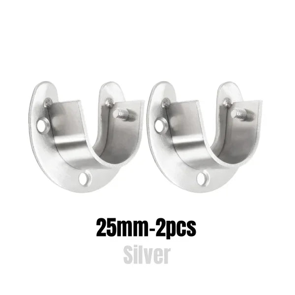 Zwei silberne Edelstahl-Kleiderstangenhalter, 25 mm lang.