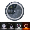 A circular 7-inch motorcycle LED headlight with angel eyes and daytime running lights shown in various lighting conditions.