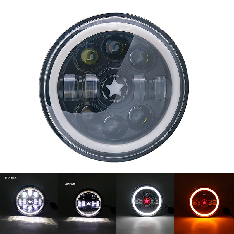 A circular 7-inch motorcycle LED headlight with angel eyes and daytime running lights shown in various lighting conditions.