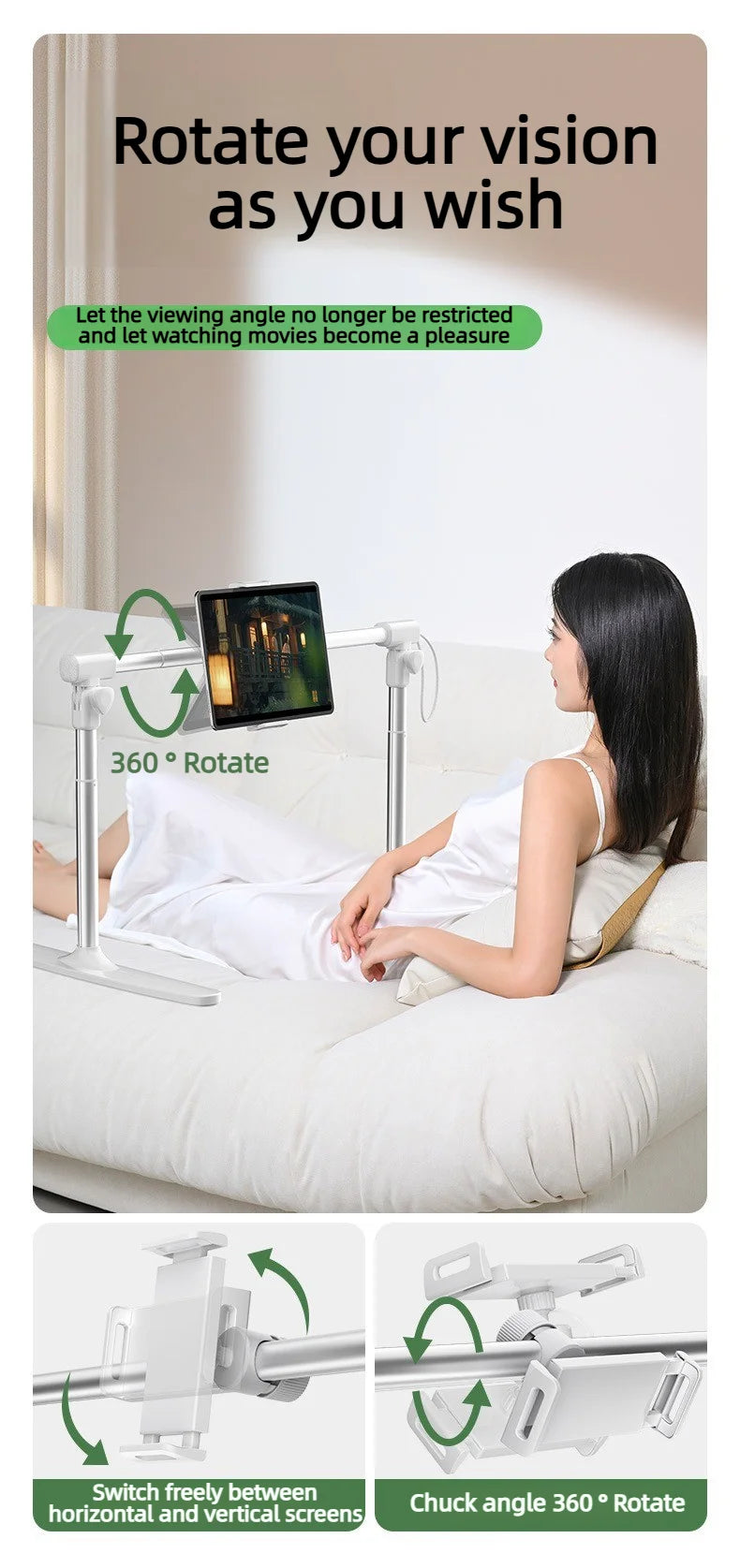 Adjustable foldable tablet stand allowing 360 degree rotation and switching between horizontal and vertical viewing angles.