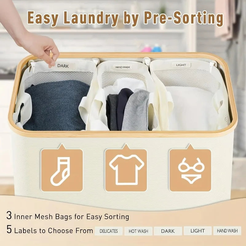 A beige laundry hamper with a lid showing three inner mesh bags labeled Dark, Light, and Hand Wash.