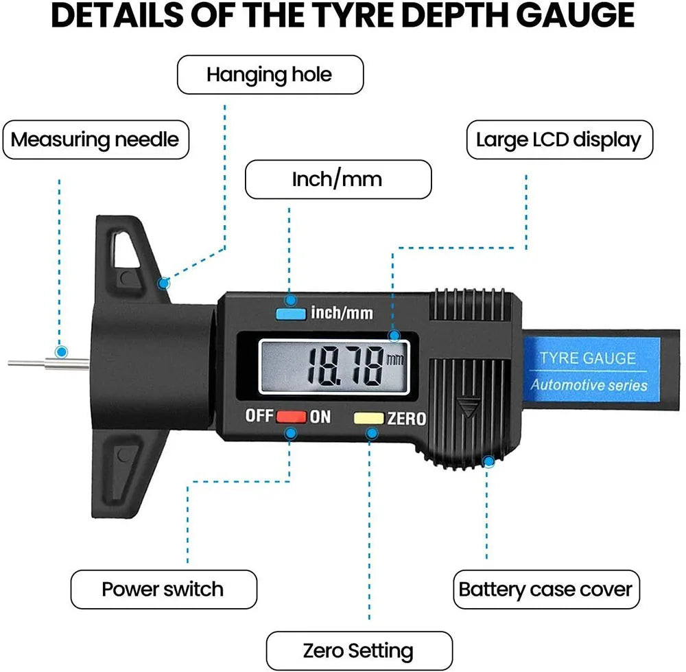 Digital Tire Tread Depth Gauge with Large LCD Display