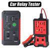 A black car relay tester device with test points and power switch, shown next to a red cable.
