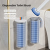 A disposable toilet brush is shown next to its wall-mounted holder and cleaning solution.