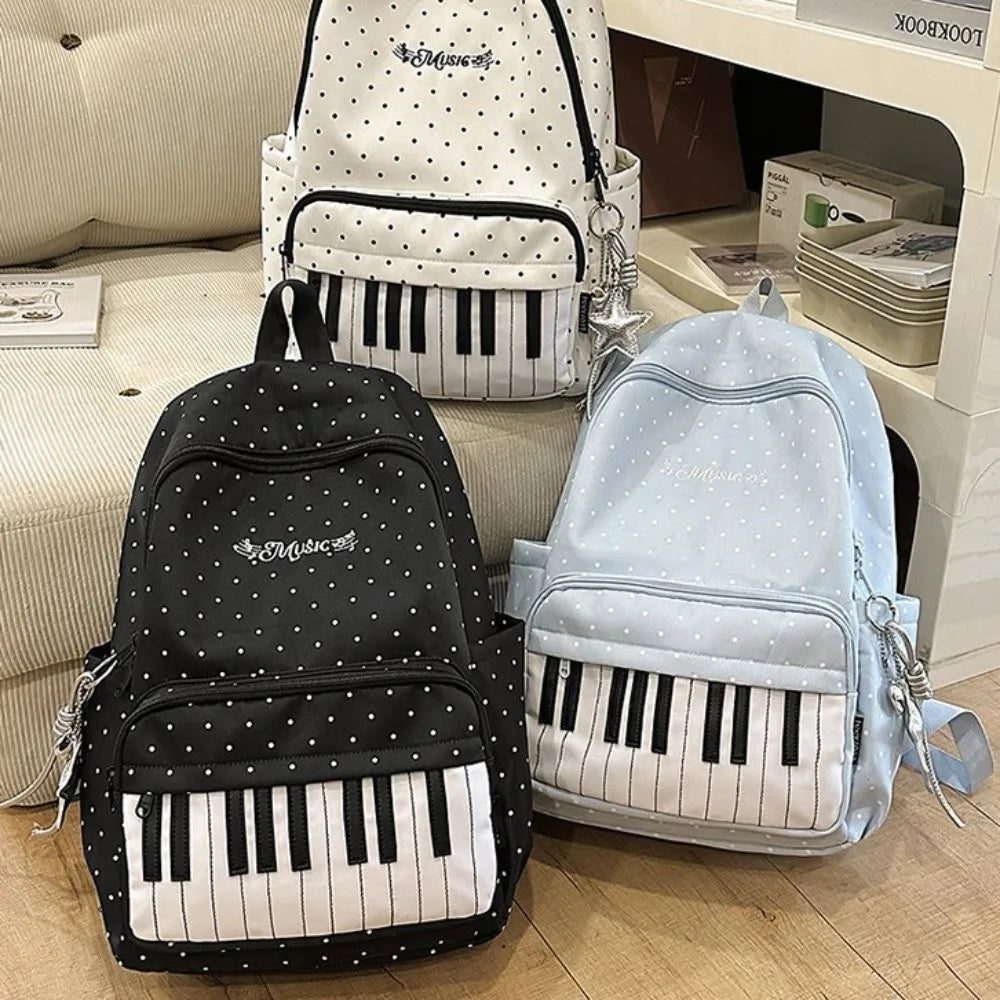 Polka Dot Backpack with Piano Key Design – Large Capacity Travel Daypack