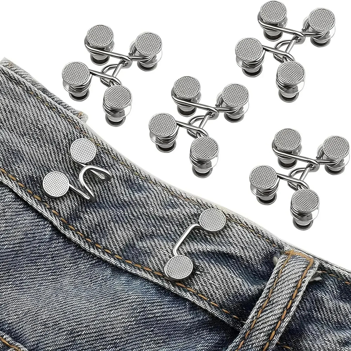 A set of four silver adjustable buttons for tightening jeans waistlines