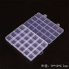 Transparent multi-compartment storage box with fixed dividers, shown open on a dark background.