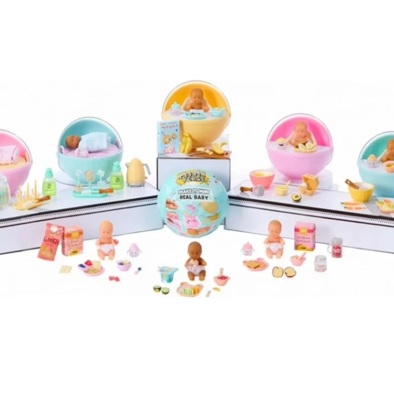 A set of Miniverse Real Baby mini dolls and DIY kit with miniature food accessories in various colors.