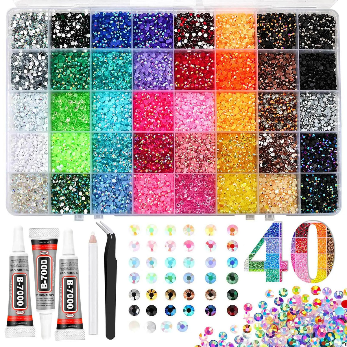 A collection of mixed color acrylic rhinestone flatbacks in various shades and sizes for craft decoration.