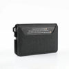 A black minimalist leather card holder with a transparent display featuring a QR code scanner.