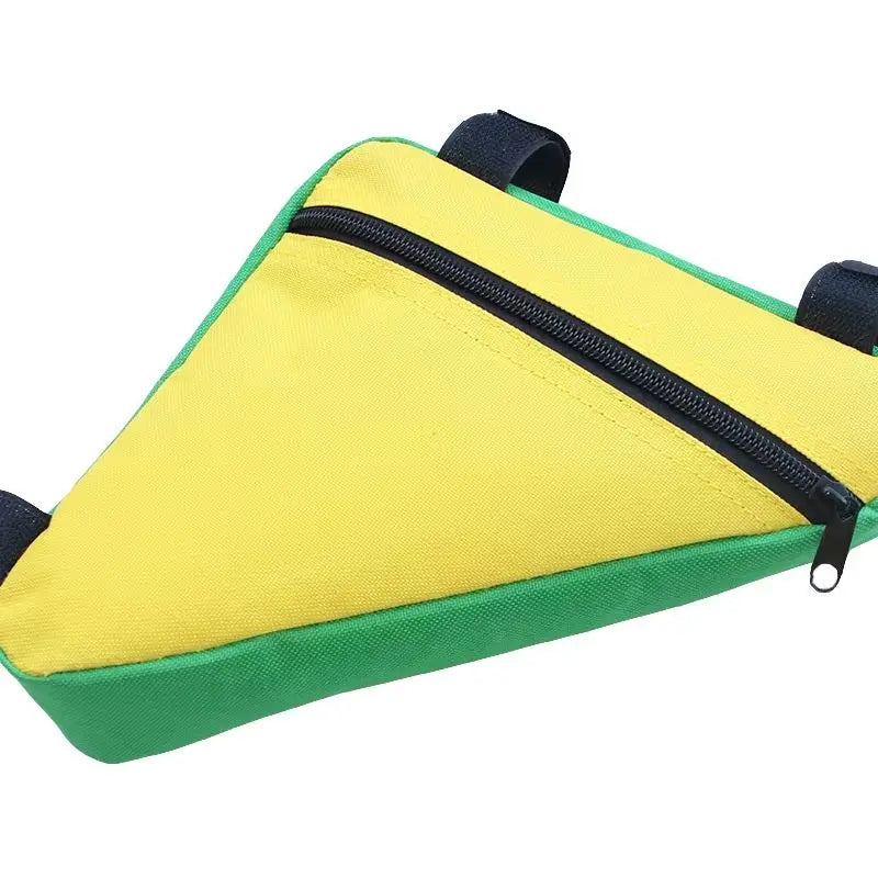 Yellow and green waterproof bike frame bag with black zipper and Velcro straps