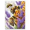 A close-up of a diamond painting featuring bees and purple lavender flowers on a yellow honeycomb background.
