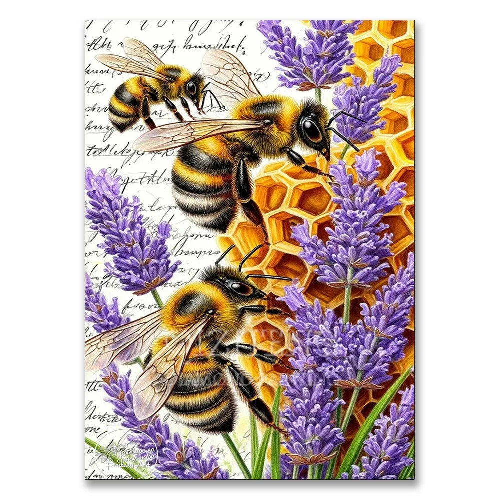 A close-up of a diamond painting featuring bees and purple lavender flowers on a yellow honeycomb background.