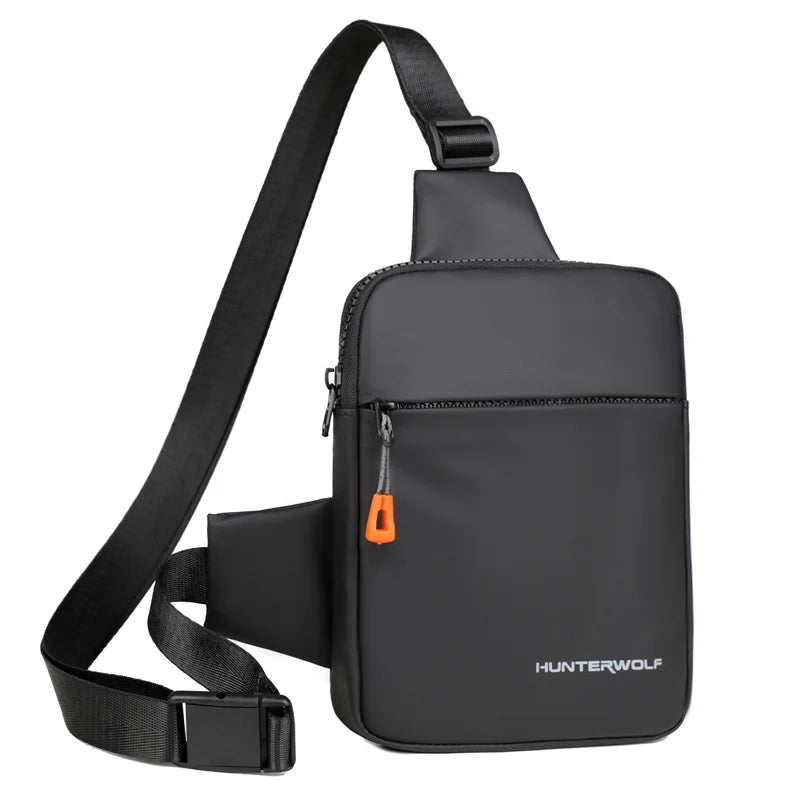 A black compact men's crossbody chest bag with a strap and zipper visible.