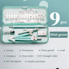 A mint green geometry drawing set containing an eraser, protractor, pencil, lead, compass, rulers, and a pencil converter.