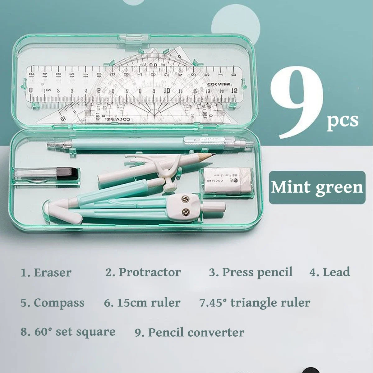 A mint green geometry drawing set containing an eraser, protractor, pencil, lead, compass, rulers, and a pencil converter.