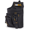 Black electrician tool pouch with a buckle and kickstand features a ToughBuilt logo patch.