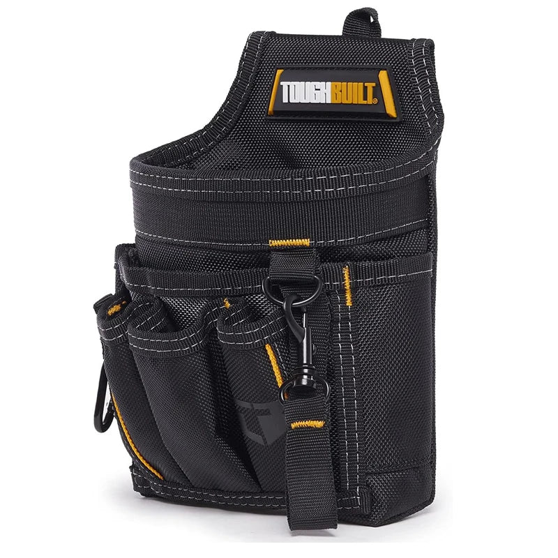 Black electrician tool pouch with a buckle and kickstand features a ToughBuilt logo patch.
