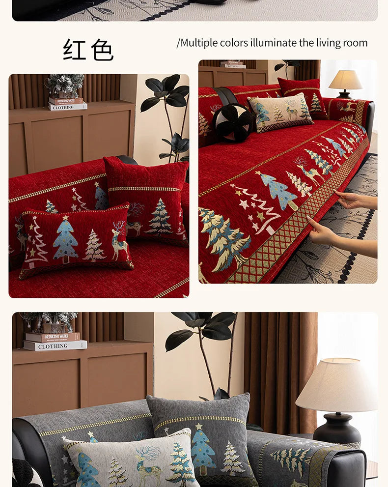 Festive Chenille Christmas Sofa Cover with Deer & Tree Pattern