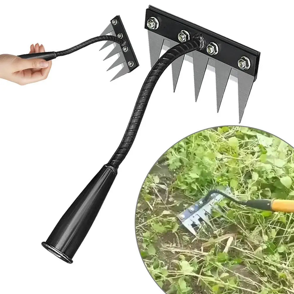 A black carbon steel garden weeding rake with an ergonomic handle is shown being used to clear weeds in a garden.
