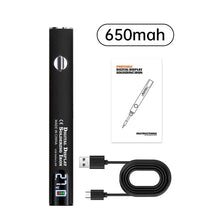 A black portable digital soldering iron pen with a USB charging cable and instructions.