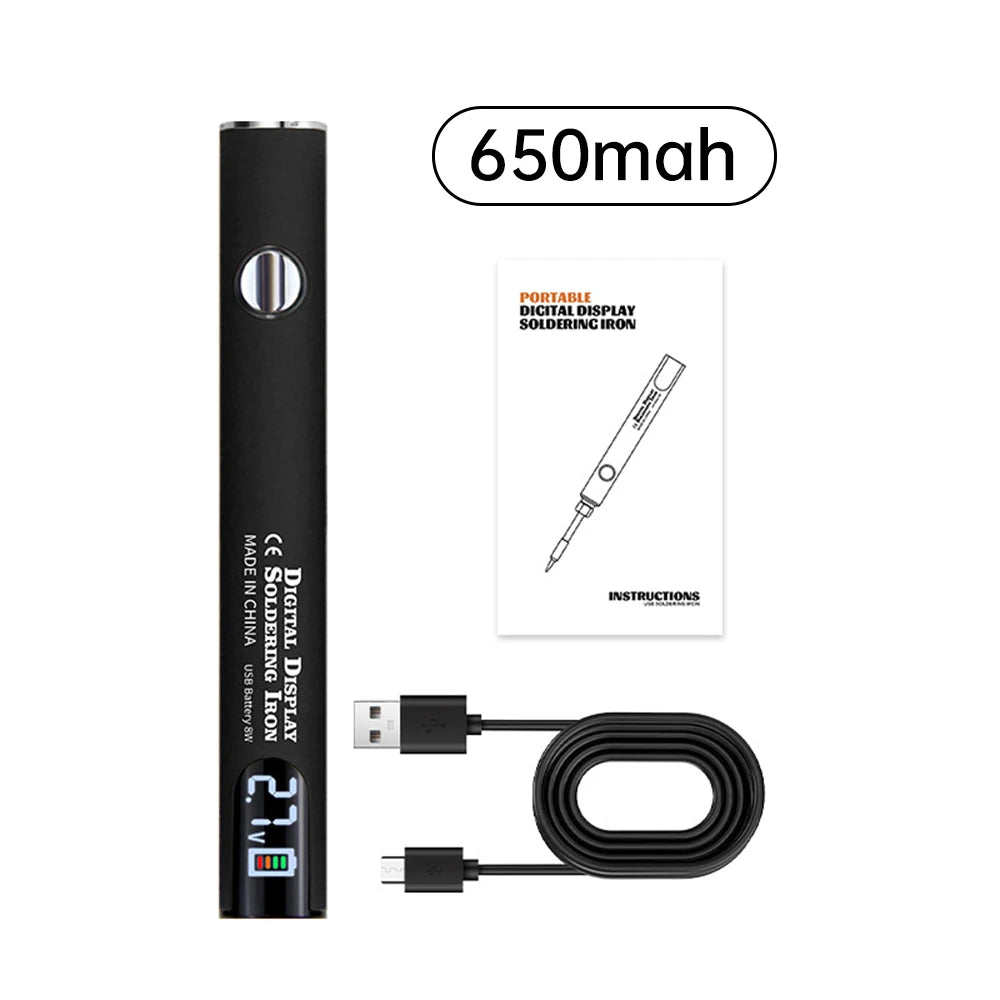 A black portable digital soldering iron pen with a USB charging cable and instructions.