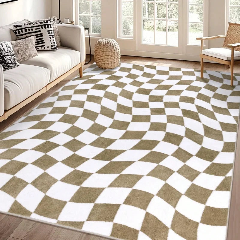 A cream and olive green checkered cowhide print area rug in a modern western style