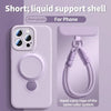 A light purple silicone phone case with a magnetic support shell and a hand-carry rope lanyard.