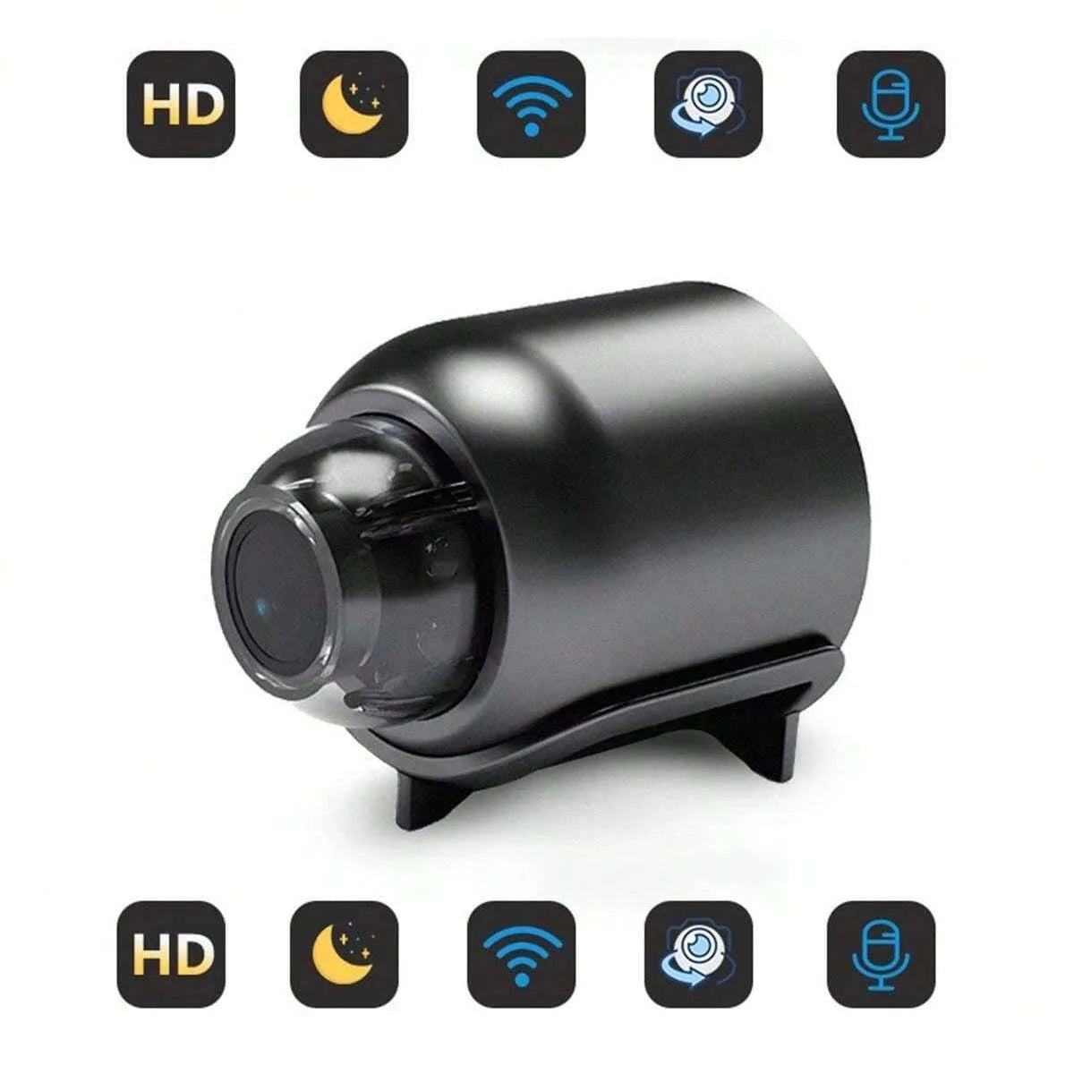 Caméra de sécurité WiFi noire mini avec objectif et support de montage, sur fond blanc.
