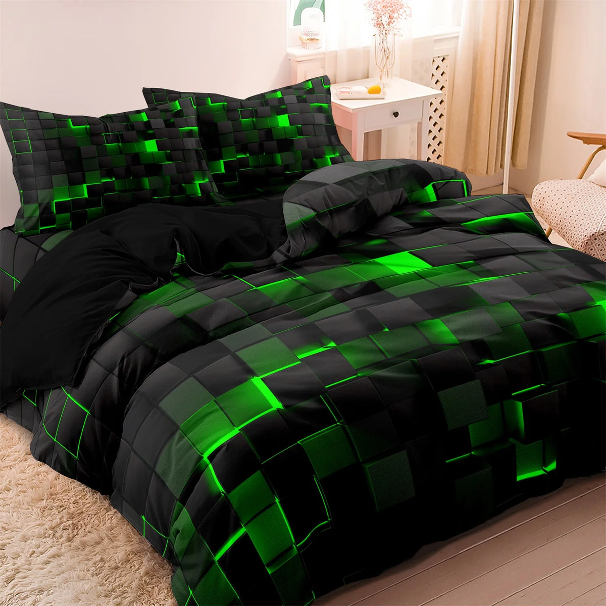 Geometric Grid Print Duvet Cover Set with Pillowcases