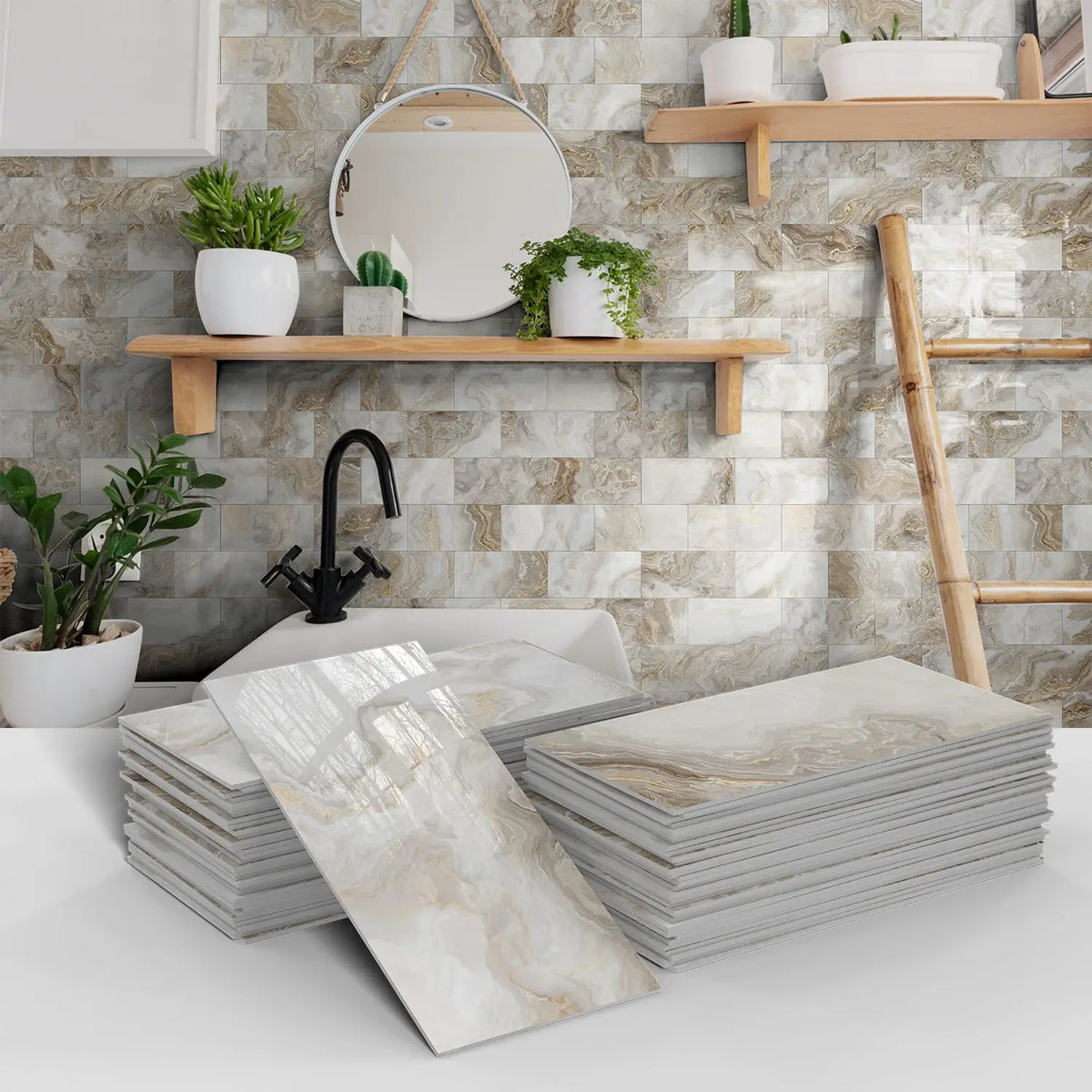 Stacks of marble self-adhesive wall stickers in various shades and patterns displayed against a stone tiled background.