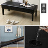 A black waterproof PU stretch bench cover is shown in various contexts, including a furniture piece and a close-up of the mat