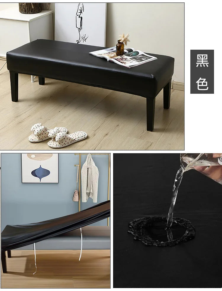 A black waterproof PU stretch bench cover is shown in various contexts, including a furniture piece and a close-up of the mat