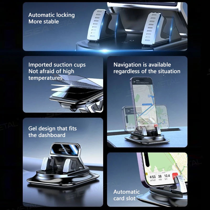A rotating car dashboard phone mount with an anti-slip silicone base shown in various usage contexts.