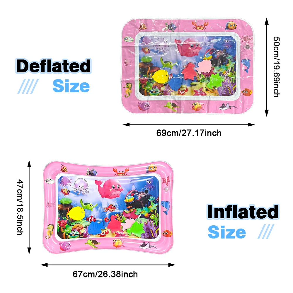 A pink inflatable ocean-themed water play mat for baby sensory development shown in both deflated and inflated sizes.