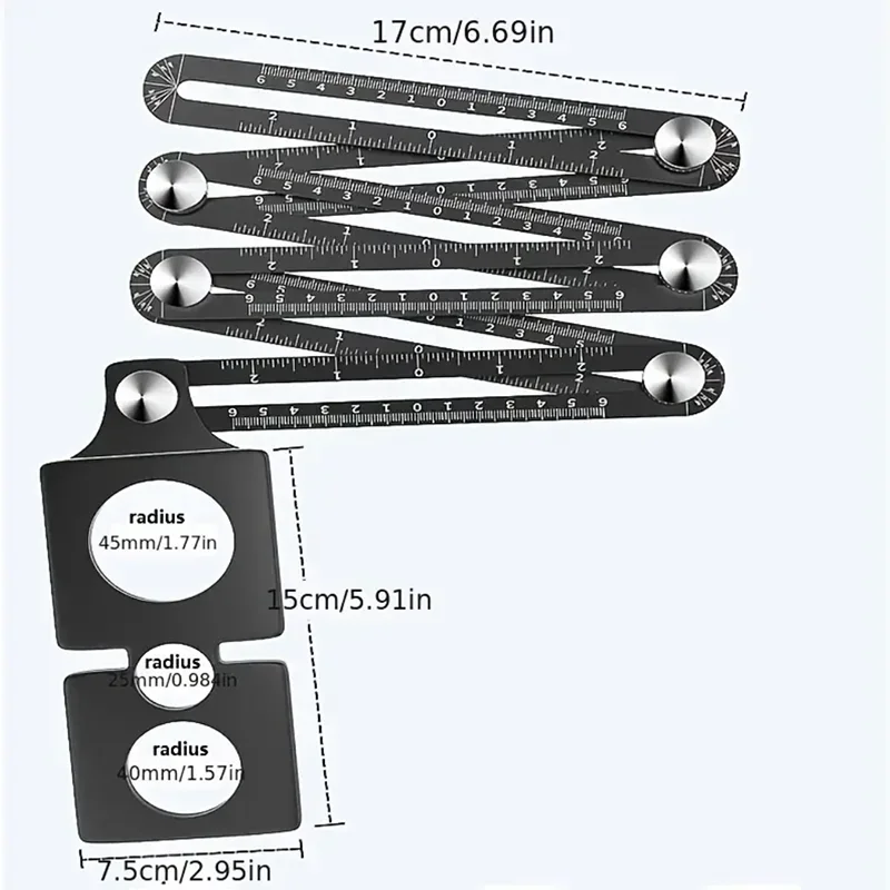A set of foldable aluminum angle rulers and measuring segments with various radii shown against a white background.