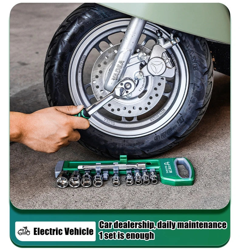 A hand is using a chrome vanadium socket set with a quick-release ratchet on a tire, demonstrating daily maintenance for an e